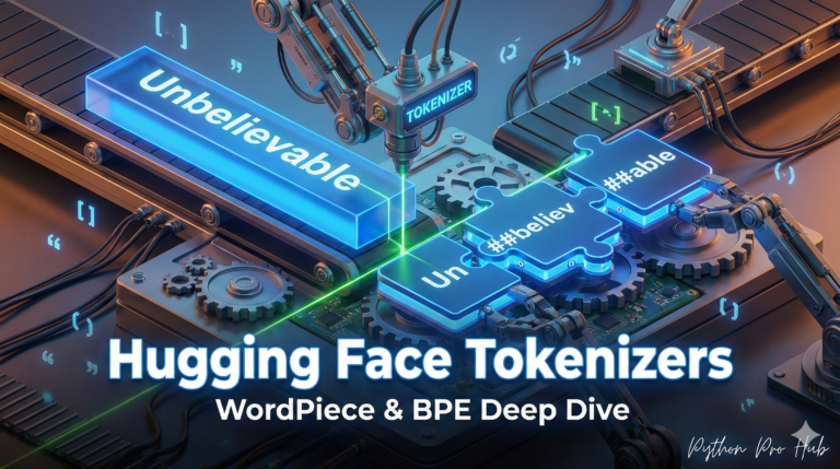 3D isometric illustration of a robot slicing the word 'Unbelievable' into puzzle pieces 'Un', '##believ', and '##able', representing subword tokenization.