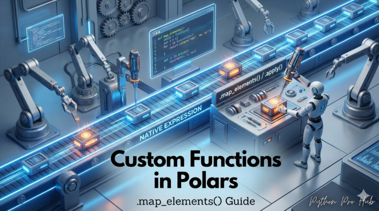 3D visualization of a robot applying a custom hand tool to items on a conveyor belt, representing Polars map_elements.