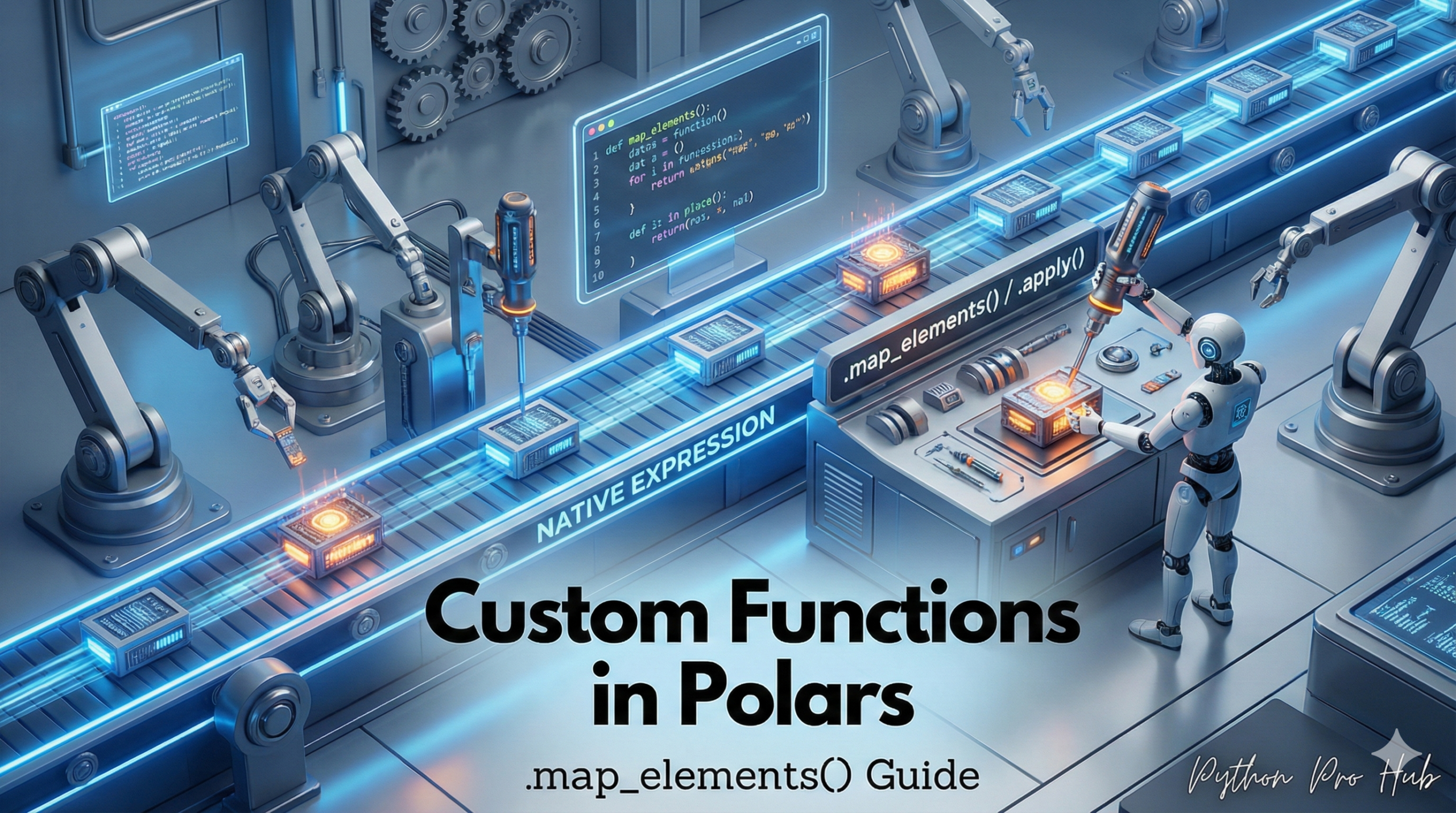 3D visualization of a robot applying a custom hand tool to items on a conveyor belt, representing Polars map_elements.