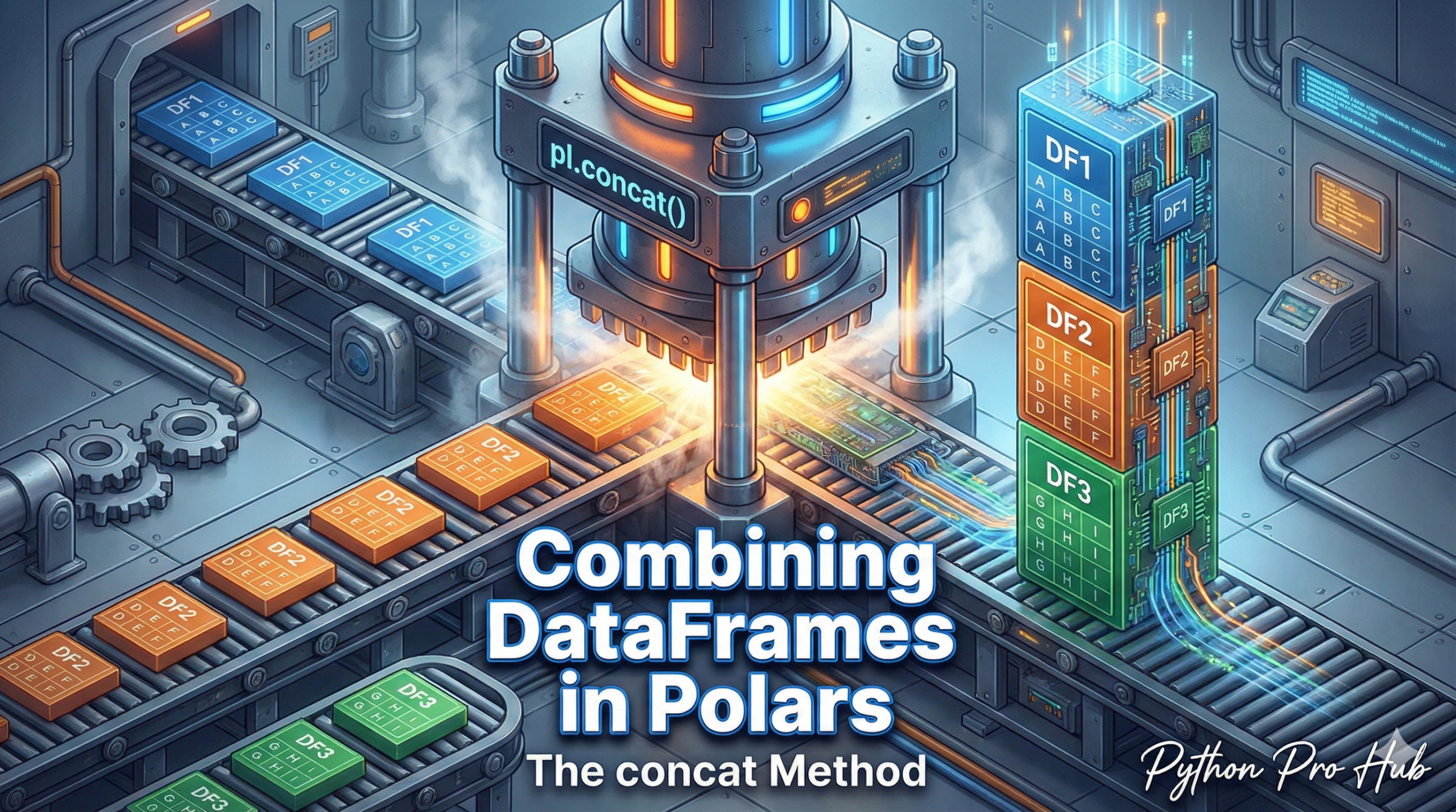 3D visualization of a hydraulic press fusing three separate data blocks into one tall tower, representing Polars concatenation.