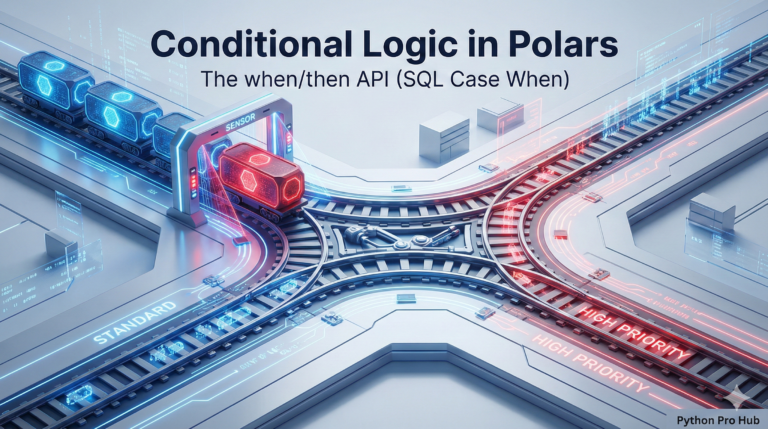 3D visualization of trains being diverted to different tracks based on color, representing Polars when/then conditional logic.