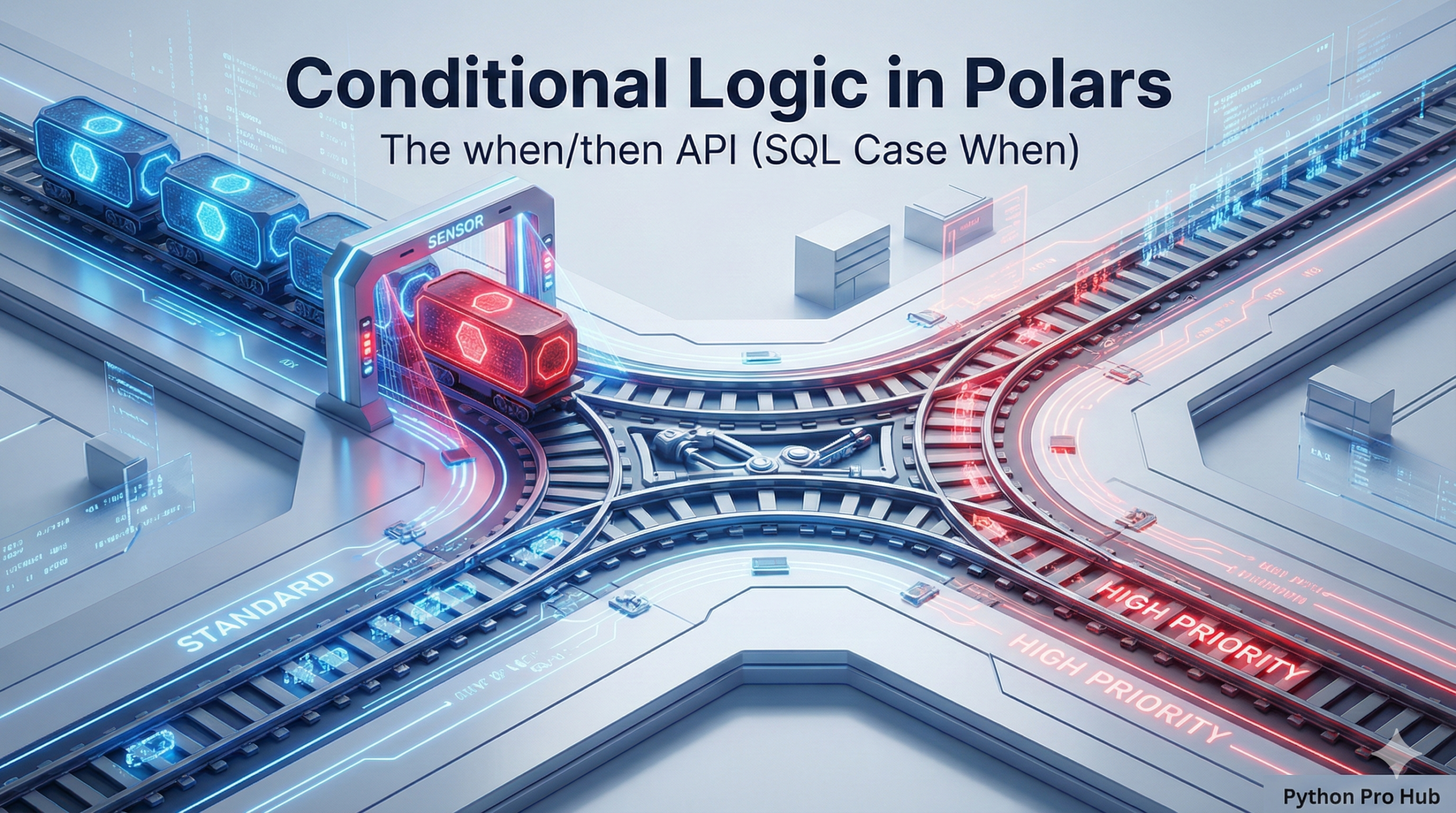 3D visualization of trains being diverted to different tracks based on color, representing Polars when/then conditional logic.