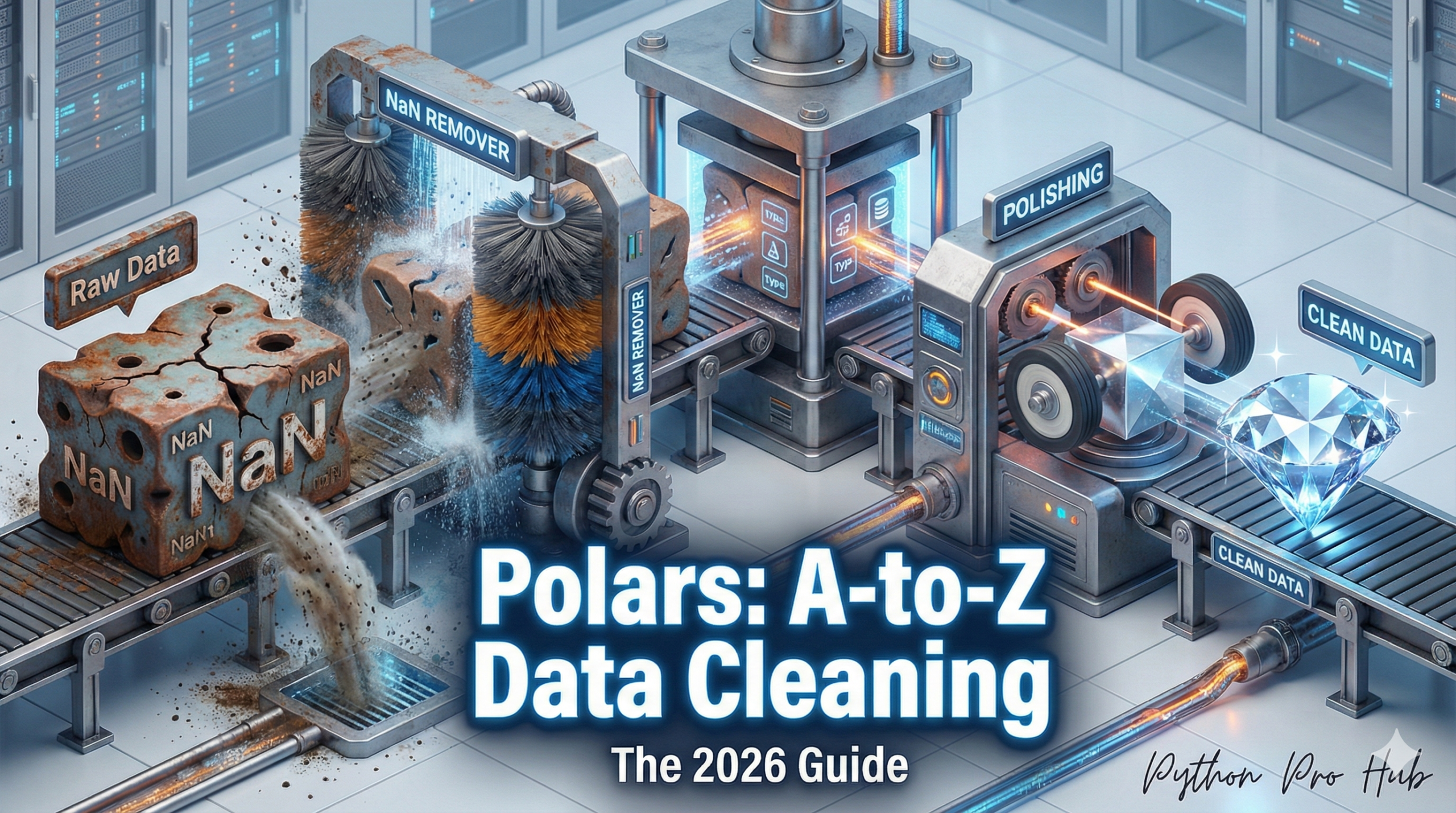 3D visualization of a raw data block going through a cleaning and polishing factory line, representing Polars data cleaning.