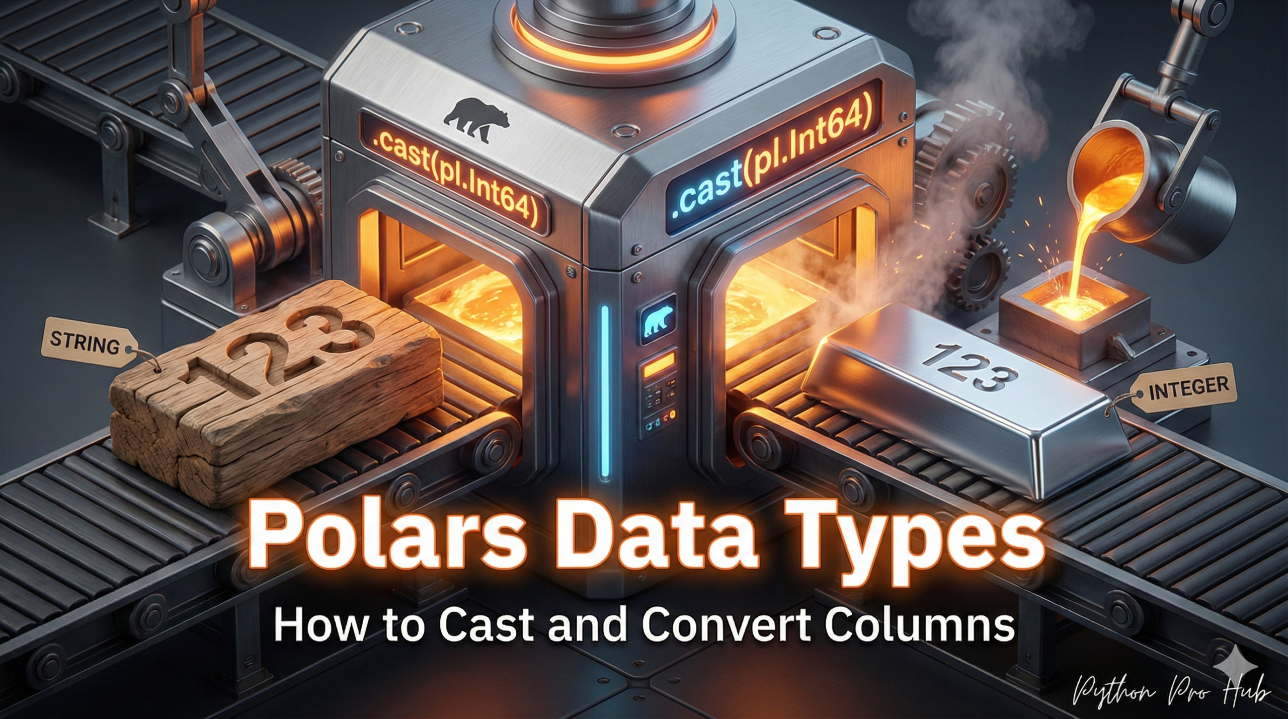 3D visualization of a raw string block being melted and remolded into a shiny integer ingot, representing Polars data casting.