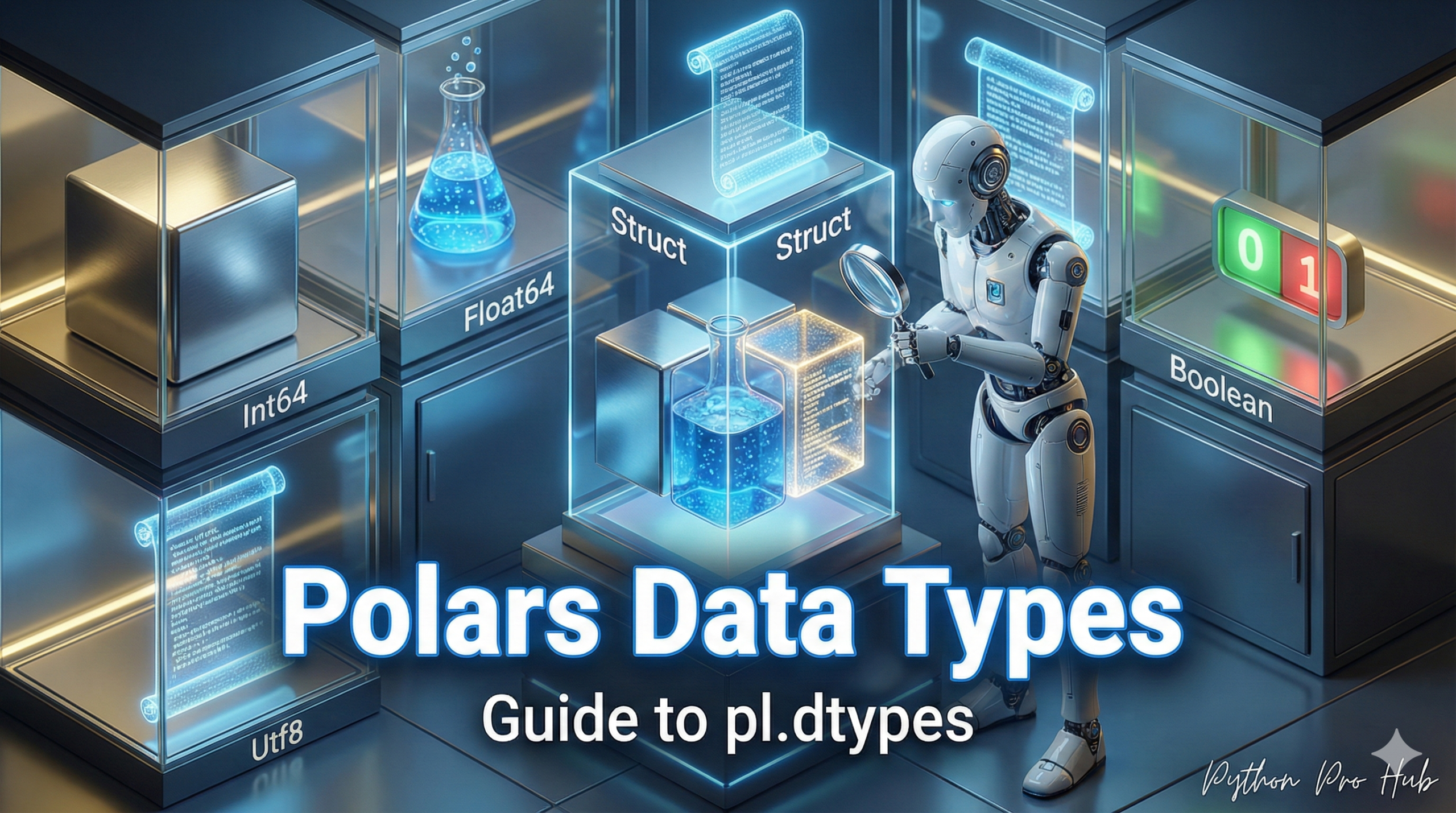 3D visualization of a laboratory wall displaying different materials like steel, liquid, and holograms, representing Polars data types.