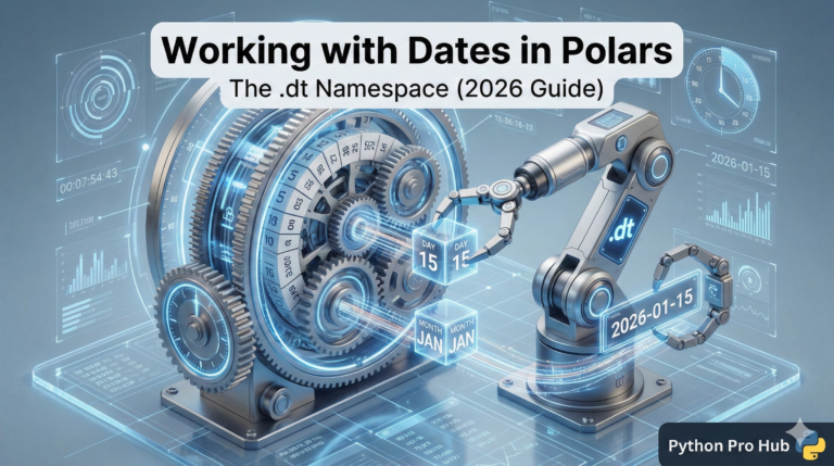 3D isometric illustration of a robotic arm adjusting a futuristic clock/calendar gear system, representing the Polars .dt namespace.