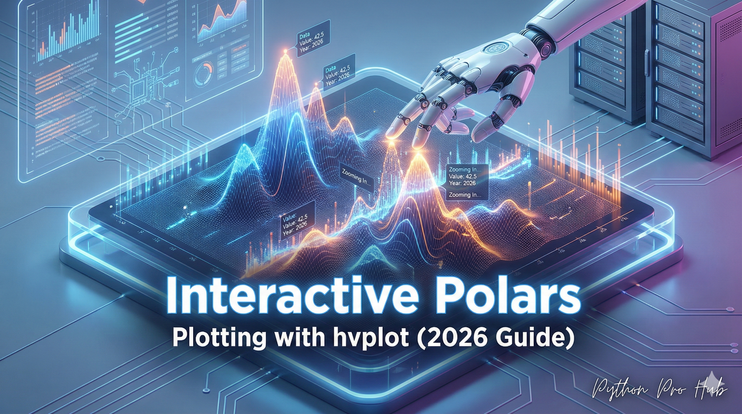 3D visualization of a robotic hand interacting with a zooming, glowing data chart, representing interactive plotting with hvplot.