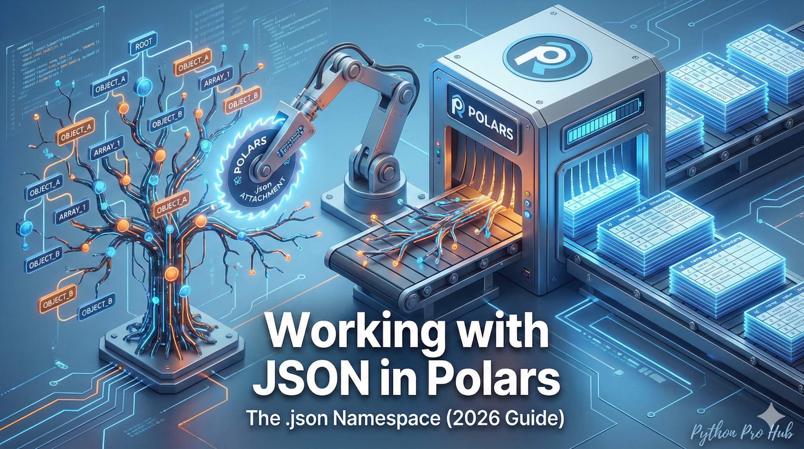 3D visualization of a machine converting a messy tree structure into flat table blocks, representing Polars JSON handling.