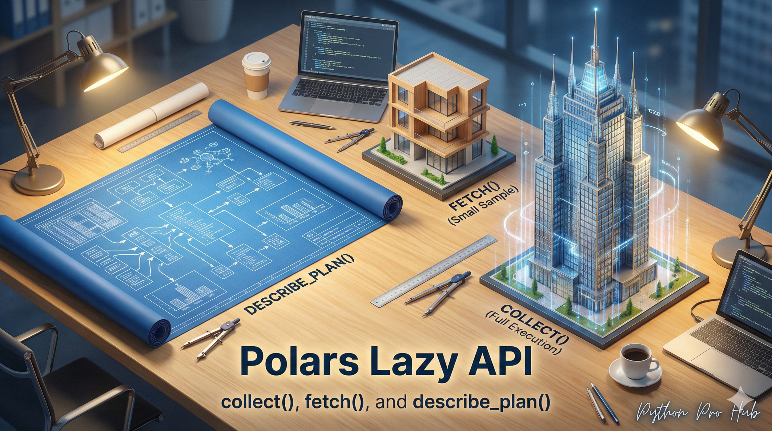 3D visualization comparing a blueprint, a small model, and a full tower, representing Polars lazy execution methods.