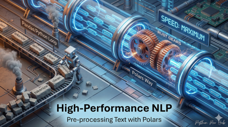 3D visualization of a massive hyperloop pipeline processing text blocks at high speed, representing Polars NLP preprocessing.