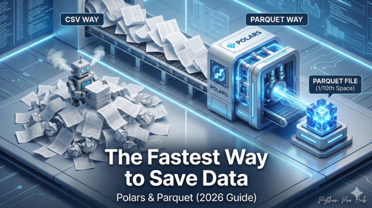 3D visualization of a compactor machine shrinking a pile of papers into a small crystal block, representing Polars saving to Parquet.