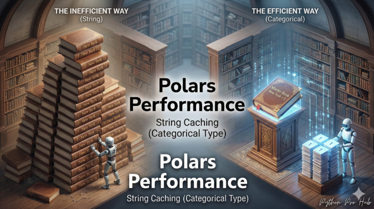 3D visualization of replacing heavy books with lightweight reference cards, representing Polars string caching and categorical types.