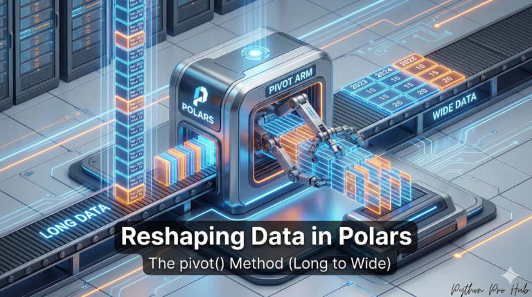 3D visualization of a machine taking a long strip of blocks and spreading them into a wide grid, representing Polars pivot.