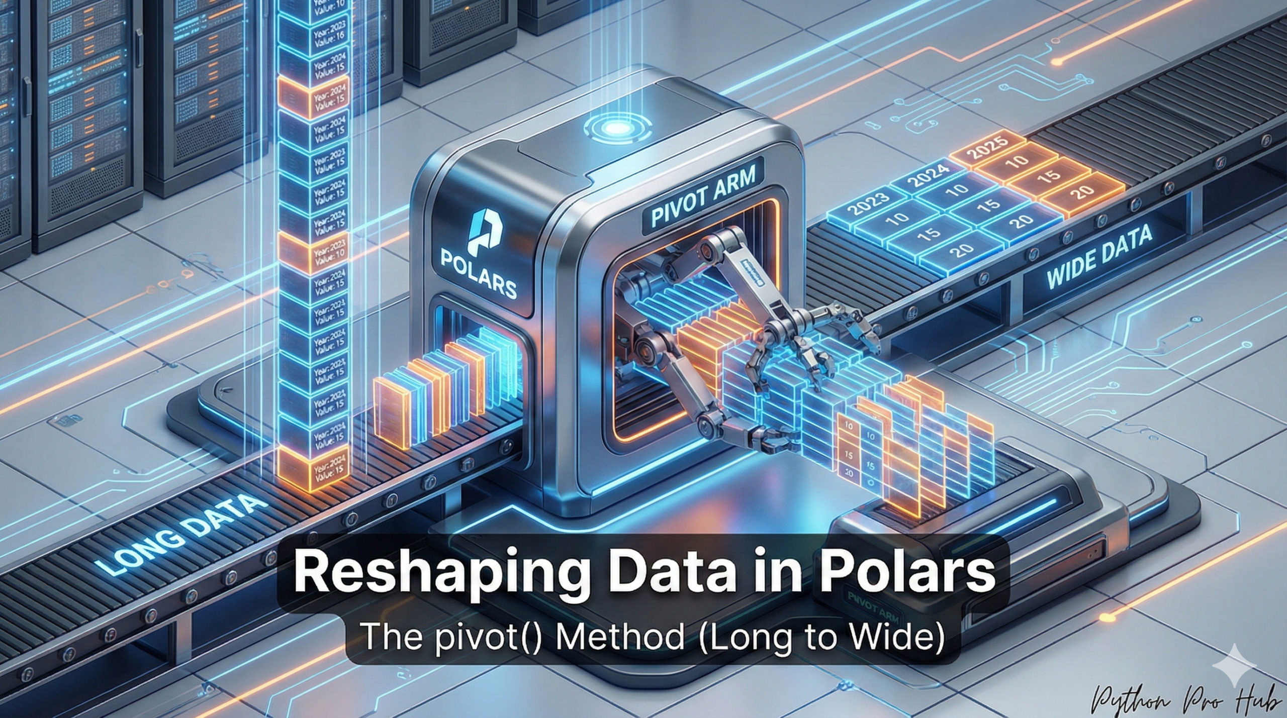 3D visualization of a machine taking a long strip of blocks and spreading them into a wide grid, representing Polars pivot.