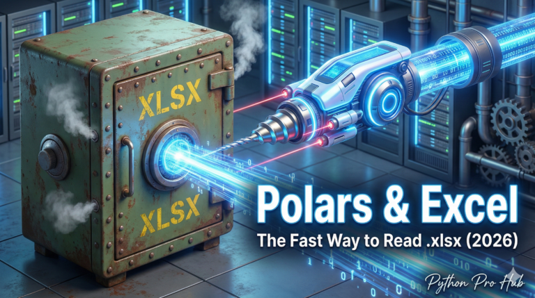 3D visualization of a Polars laser extracting data energy directly from a heavy green Excel safe, representing fast xlsx reading.