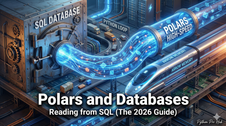 3D visualization of a high-speed pipeline connecting a SQL vault to a Polars train, representing efficient database reading.
