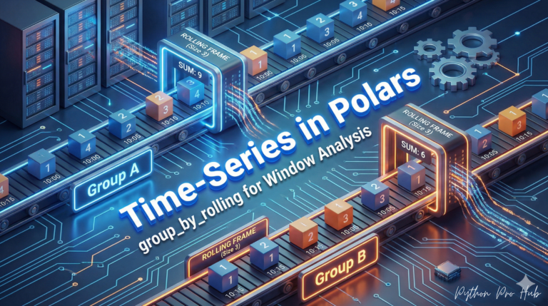 3D visualization of parallel conveyor belts with sliding windows calculating data for different groups, representing Polars group_by_rolling.
