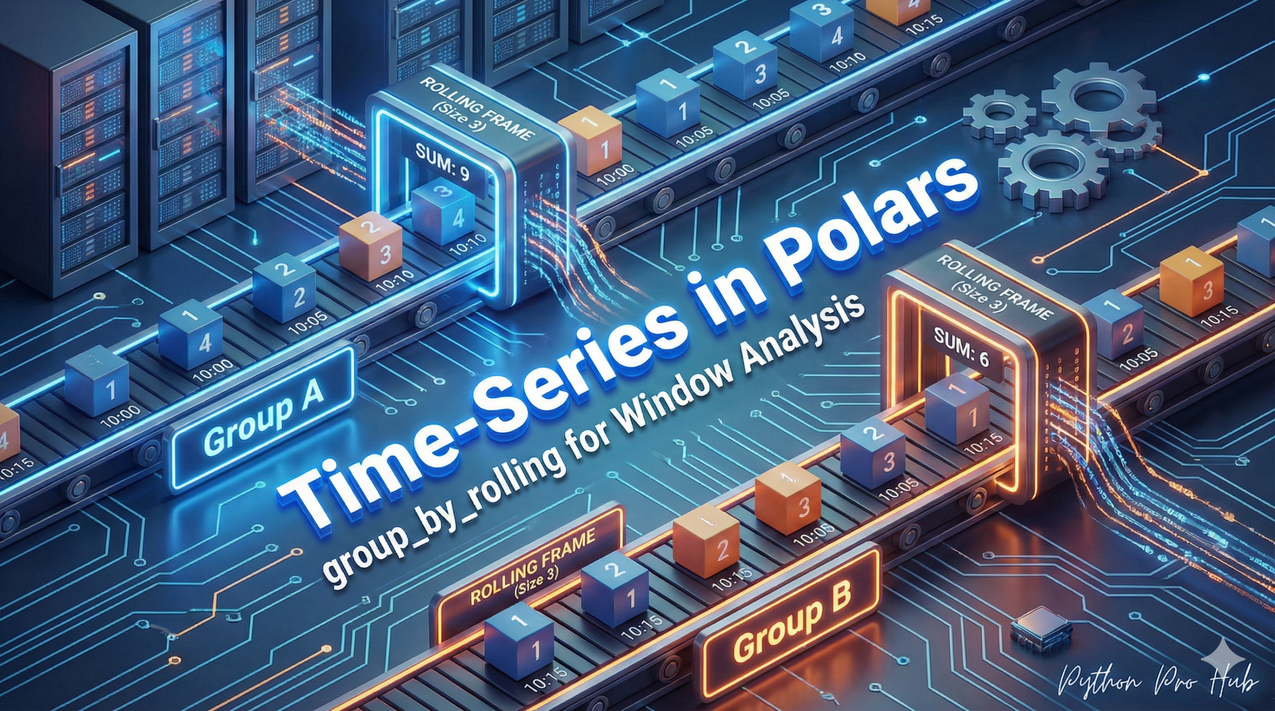 3D visualization of parallel conveyor belts with sliding windows calculating data for different groups, representing Polars group_by_rolling.