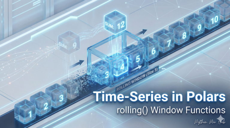 3D visualization of a sliding glass box aggregating a group of data cubes on a timeline, representing Polars rolling window functions.