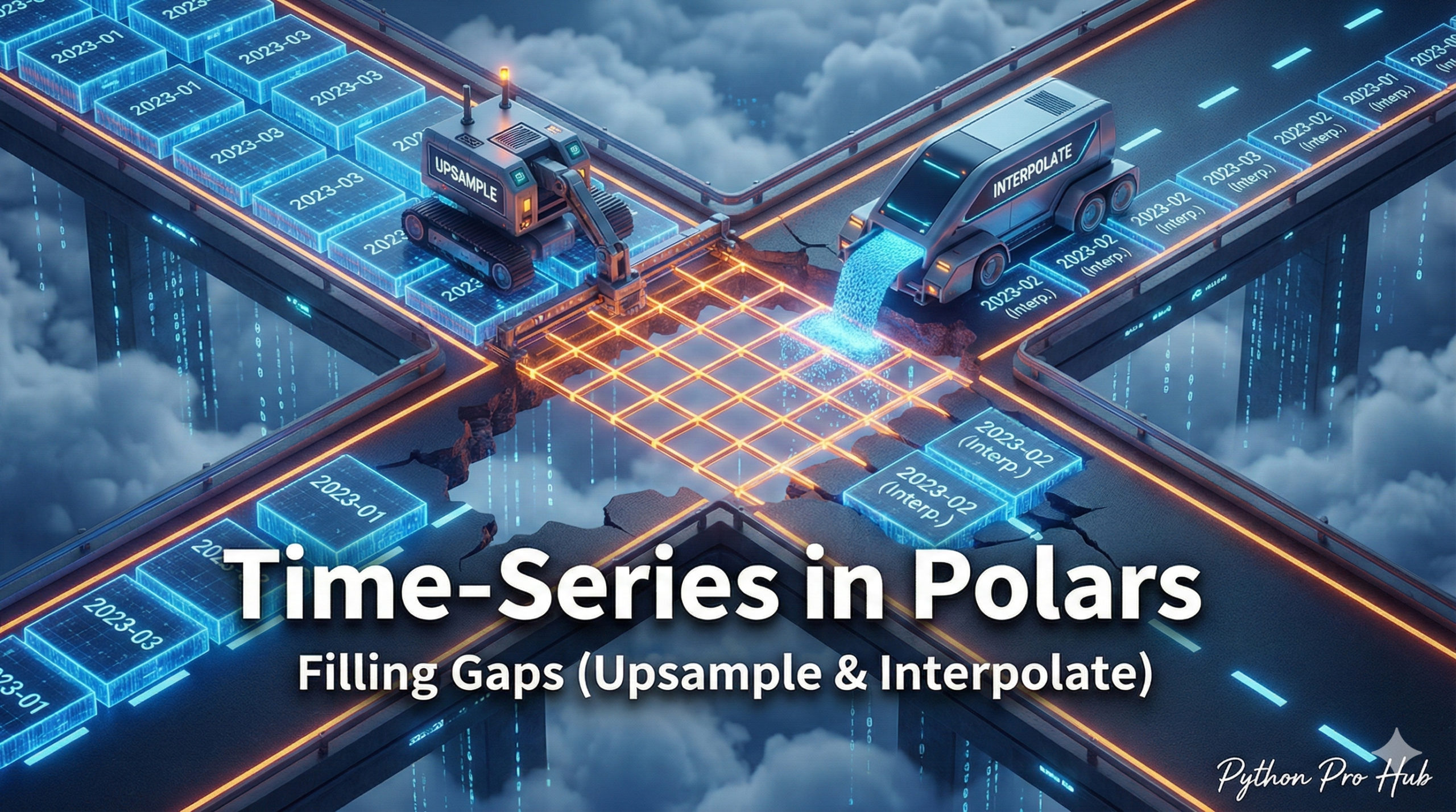 3D visualization of a paving machine filling holes in a road, representing Polars upsample and interpolate functions.
