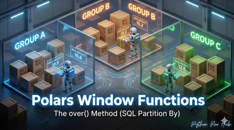 3D visualization of factory floor partitioned into glass rooms where robots perform independent calculations, representing Polars window functions over method.