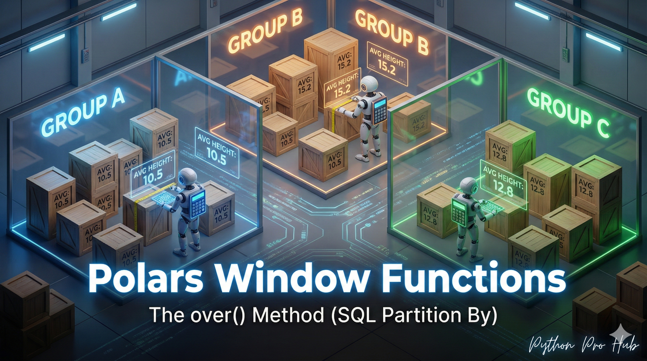 3D visualization of factory floor partitioned into glass rooms where robots perform independent calculations, representing Polars window functions over method.