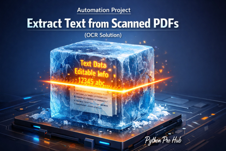 3D visualization of a laser melting text out of a frozen block of PDF documents, representing OCR extraction.