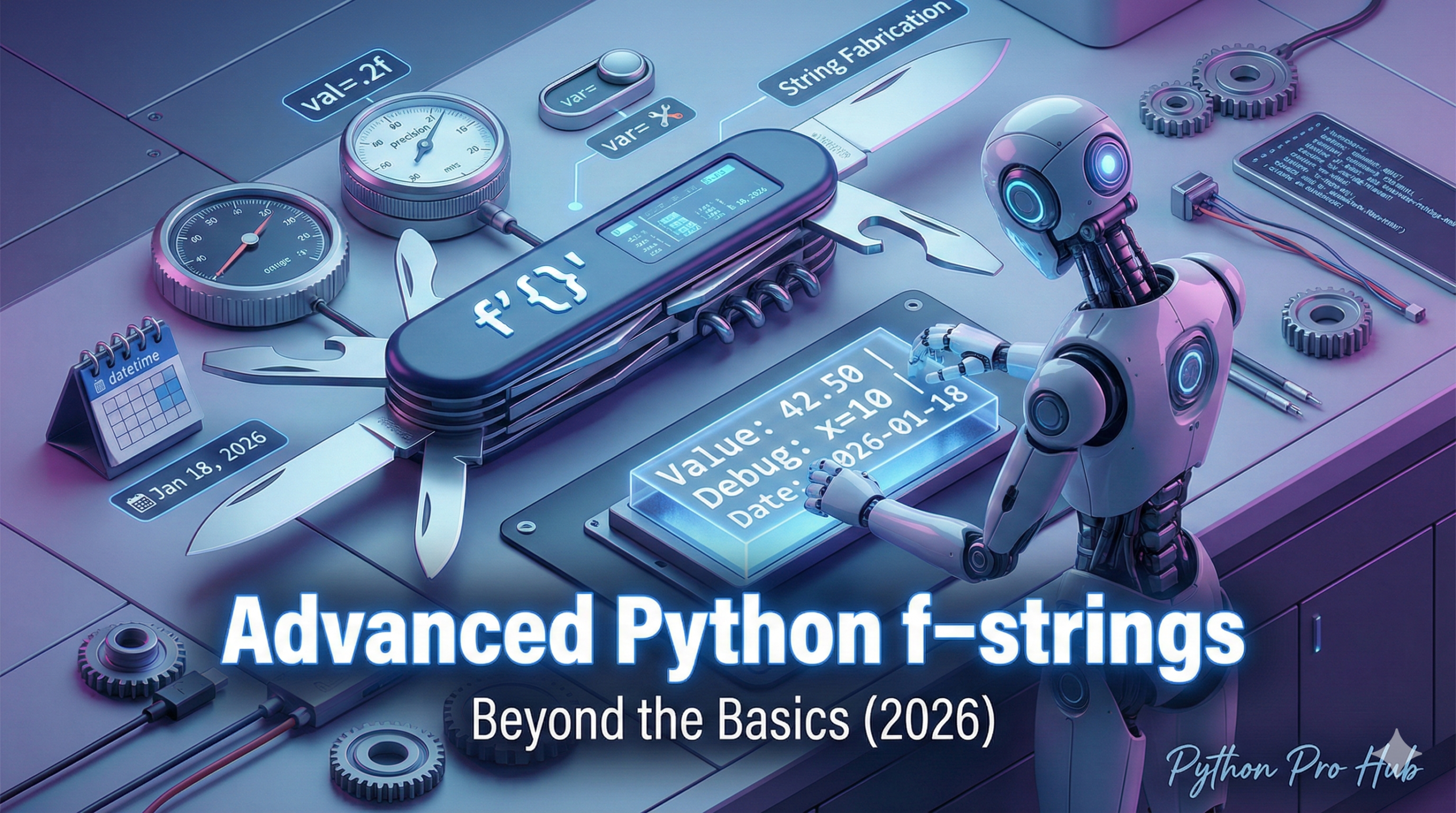 3D visualization of a multi-tool for text formatting, representing advanced features of Python f-strings.