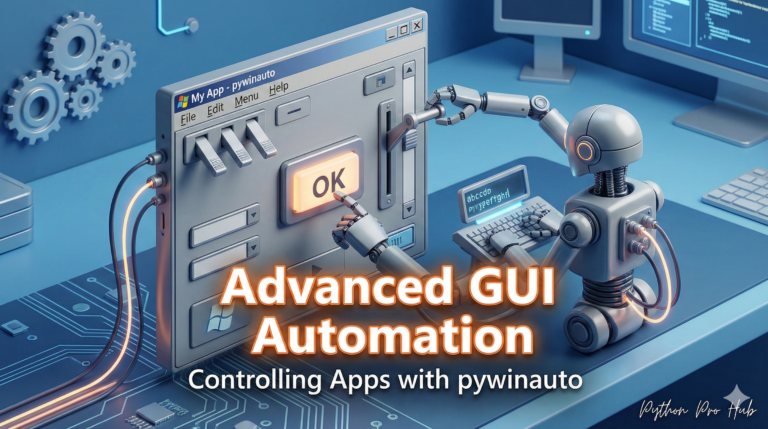 3D visualization of a robot physically operating buttons and menus on a Windows application frame, representing Python pywinauto guide automation.