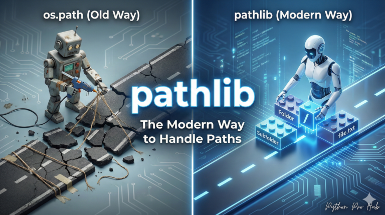 3D illustration of a robot snapping modular blocks together to form a file path, representing the object-oriented approach of Python pathlib guide.