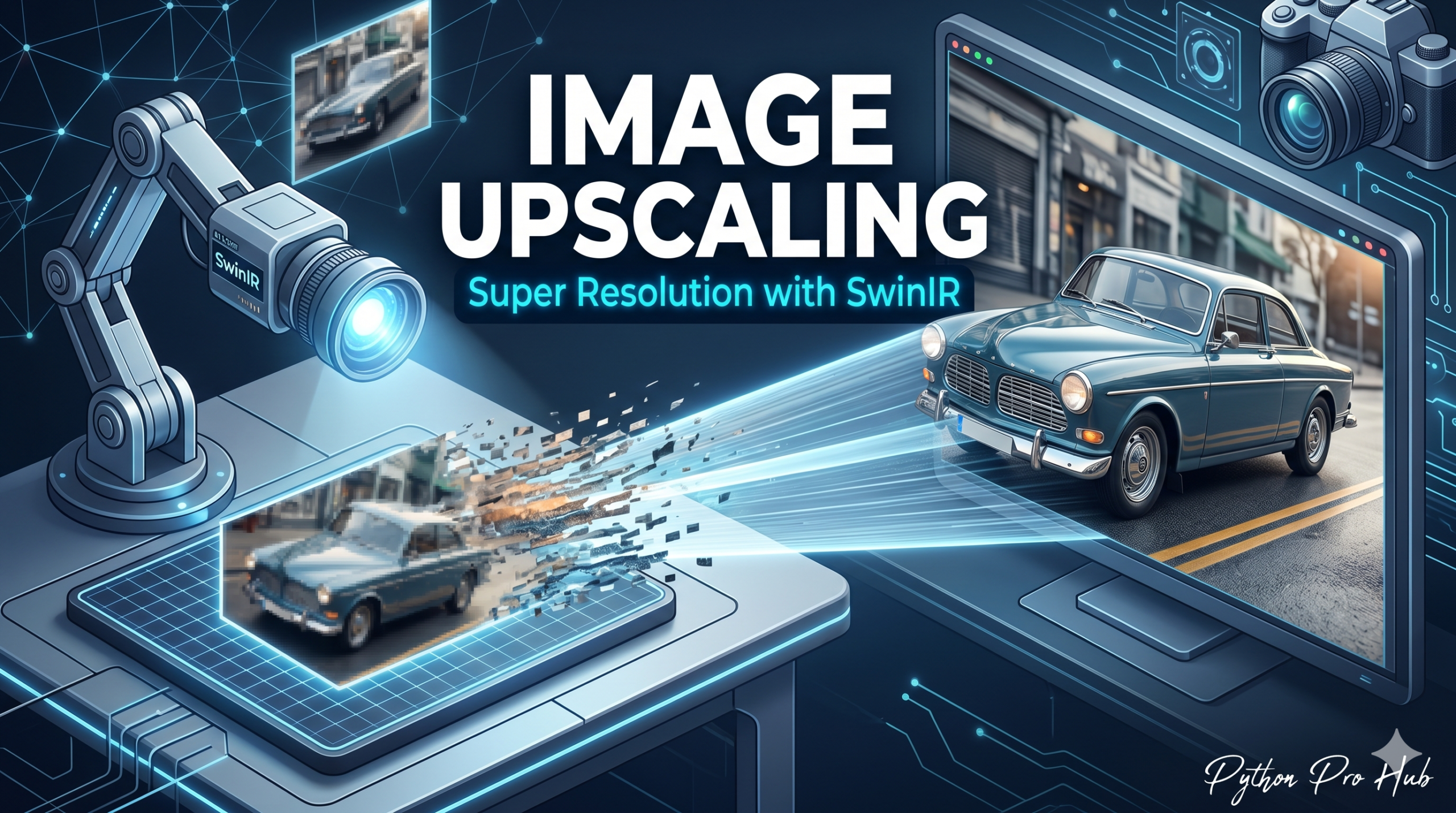 3D isometric illustration of a small pixelated image being scanned by an AI lens to project a large, crystal-clear high-resolution image, representing SwinIR upscaling.