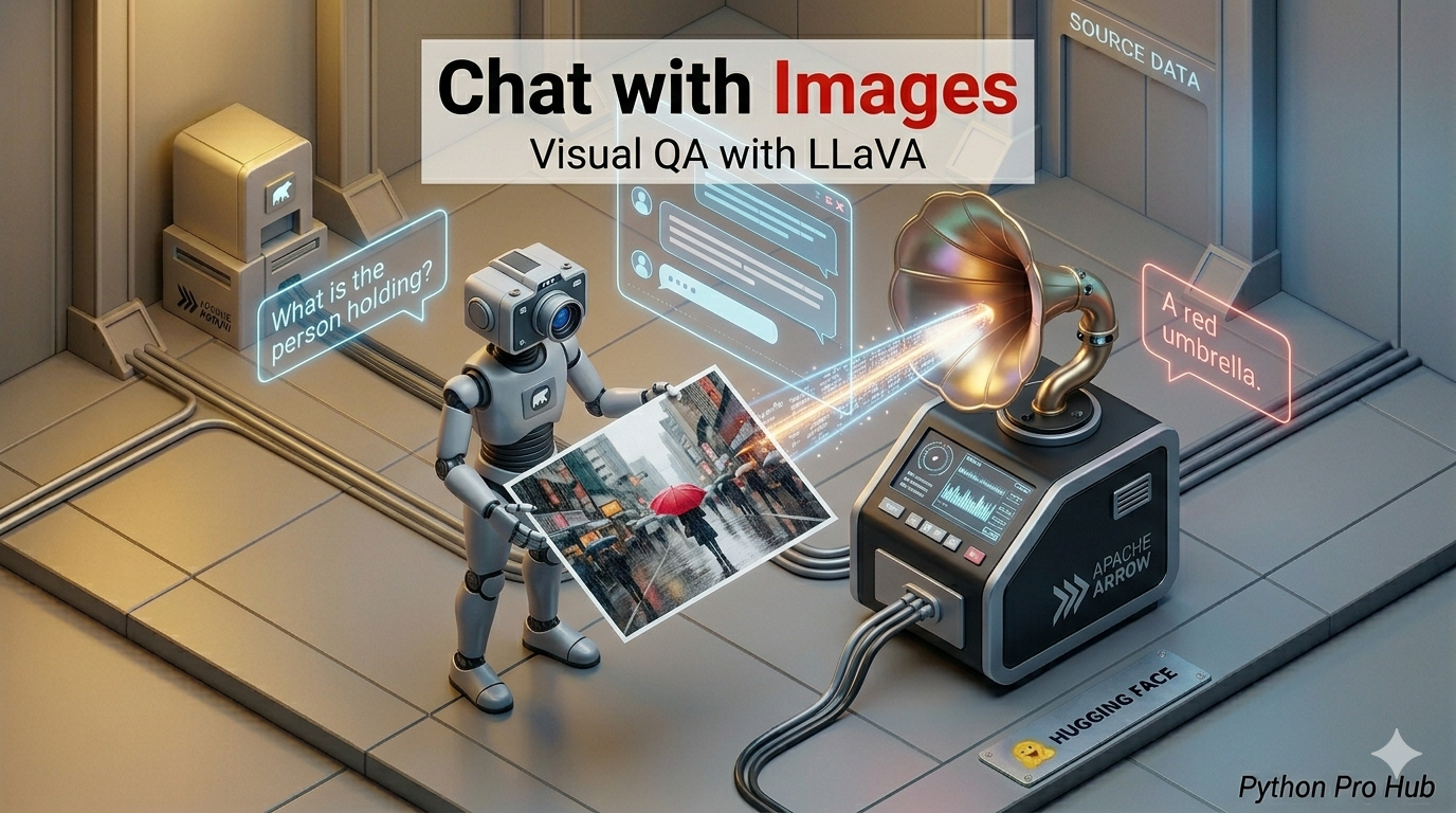 3D isometric illustration of a robot holding a photograph while an AI terminal scans it and generates a text chat bubble describing the scene, representing Hugging Face LLaVA Visual QA.