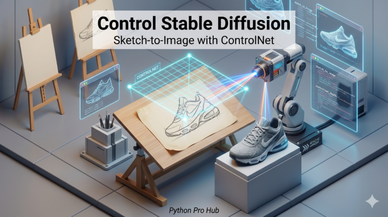 3D isometric illustration of a robotic artist using a glowing grid to turn a crude pencil sketch into a photorealistic sneaker, representing ControlNet.
