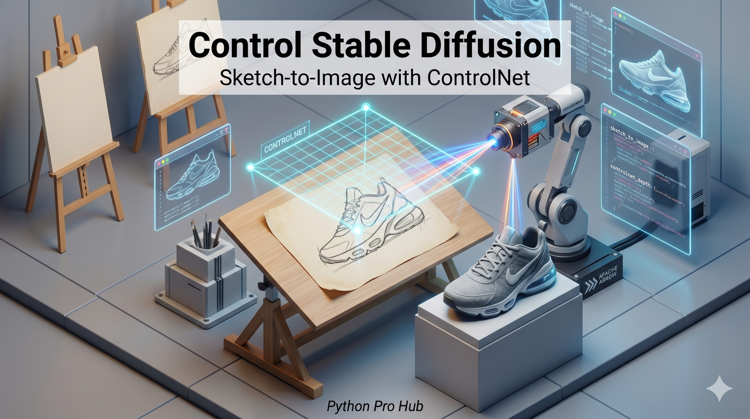 3D isometric illustration of a robotic artist using a glowing grid to turn a crude pencil sketch into a photorealistic sneaker, representing ControlNet.