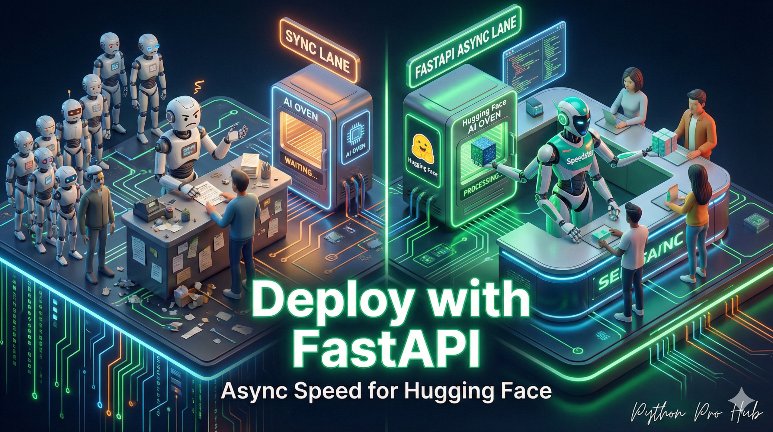 3D isometric illustration of a multi-armed robot serving multiple requests simultaneously, representing FastAPI asynchronous deployment.