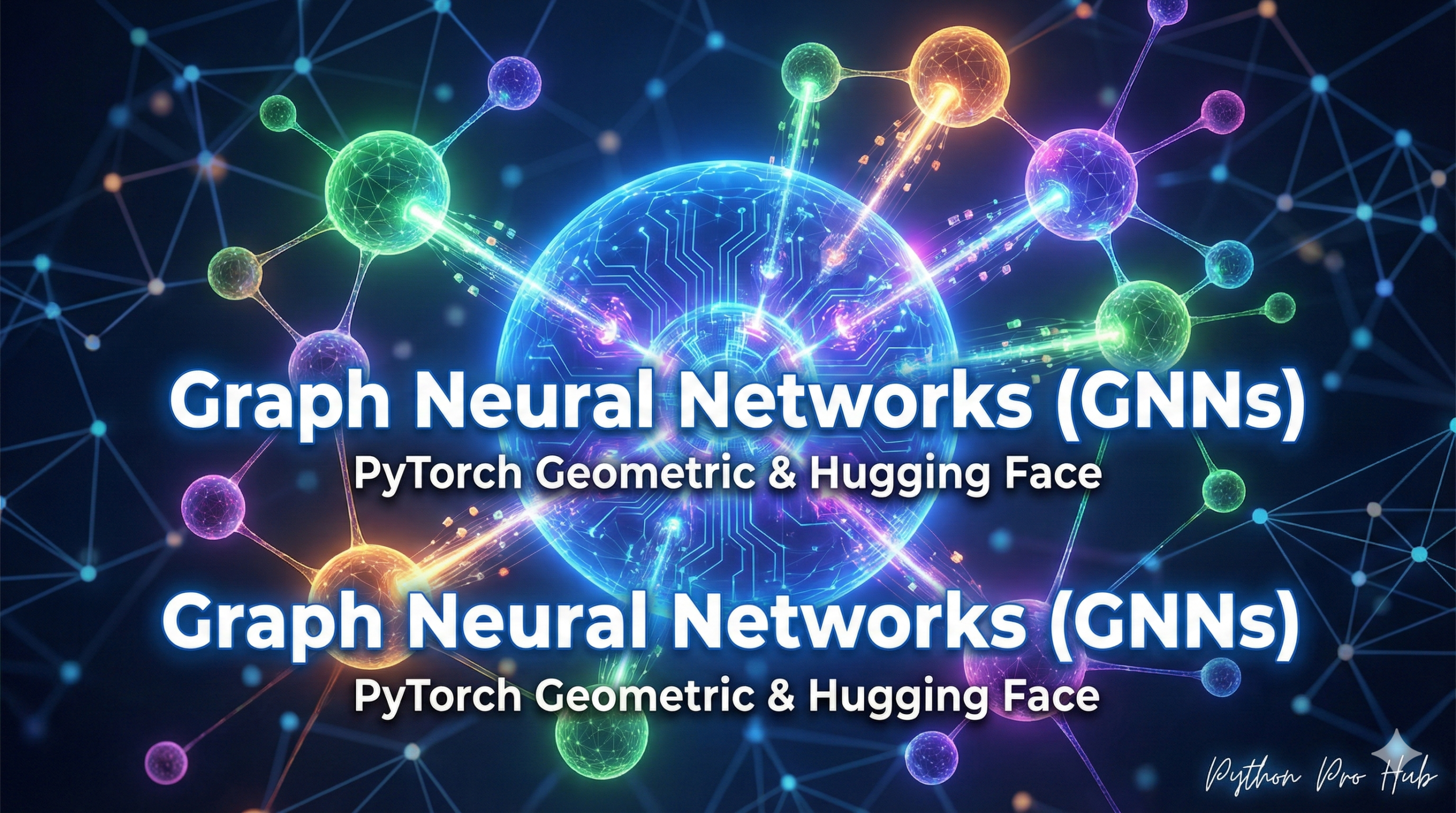 3D isometric illustration of a central node in a network absorbing light beams from its neighbors, representing GNN message passing.