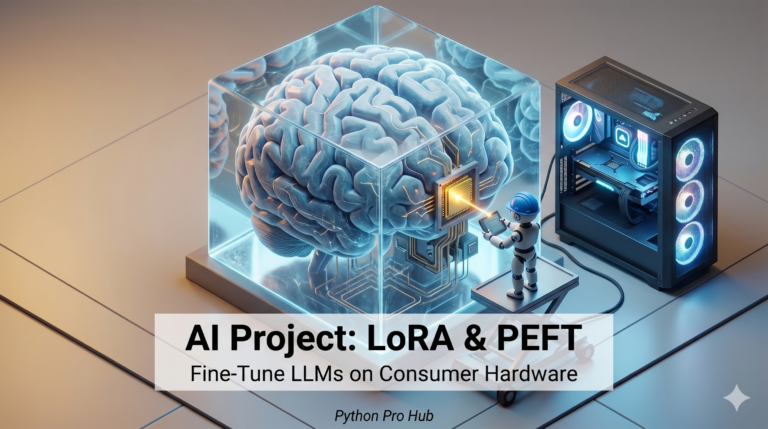 3D isometric illustration of a standard desktop PC injecting a small golden chip into a frozen, massive robotic brain, representing LoRA and PEFT.