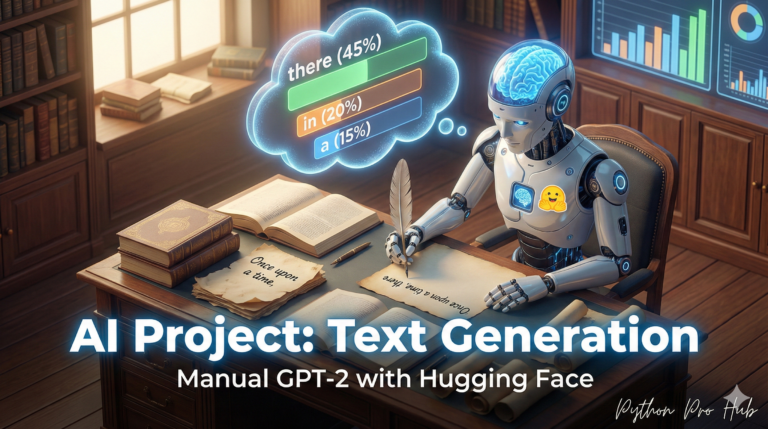 3D isometric illustration of a robot calculating probabilities for the next word in a story, representing manual GPT-2 text generation.