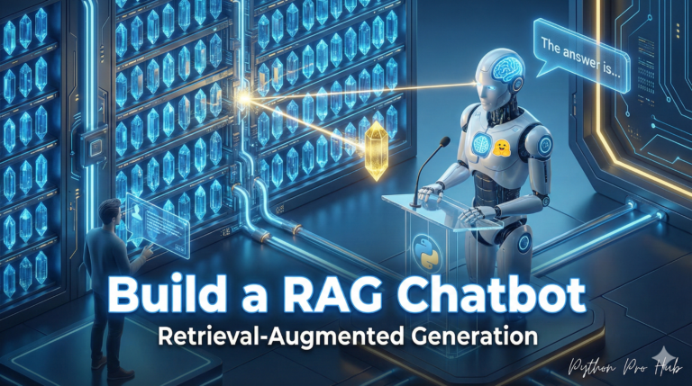 3D isometric illustration of a robot retrieving a data crystal from a vector library to answer a question, representing a RAG chatbot.