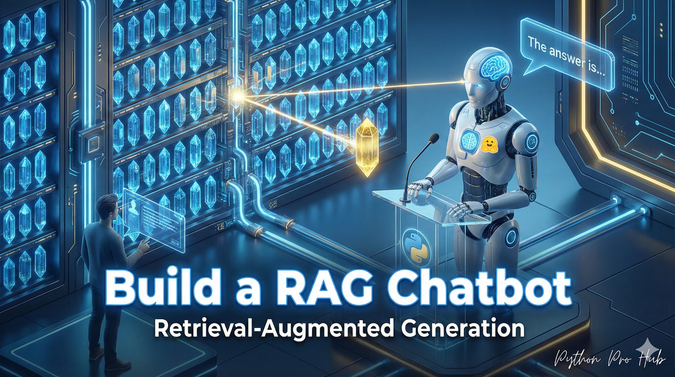 3D isometric illustration of a robot retrieving a data crystal from a vector library to answer a question, representing a RAG chatbot.