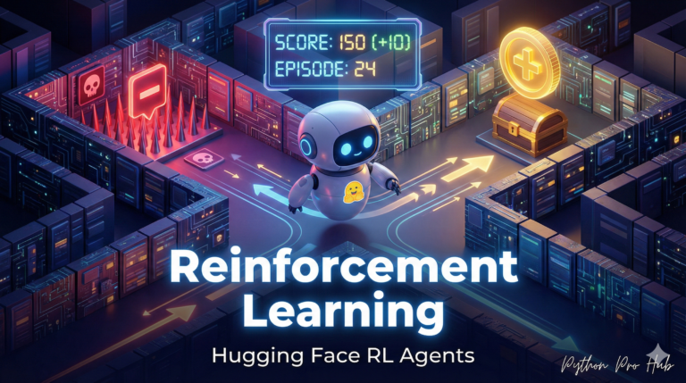 3D isometric illustration of a robot choosing a golden coin over a trap in a maze, representing Reinforcement Learning agents.