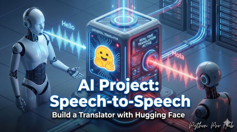 3D isometric illustration of a machine converting blue sound waves into red sound waves, representing an AI speech-to-speech translator it's Hugging Face Speech Translation.