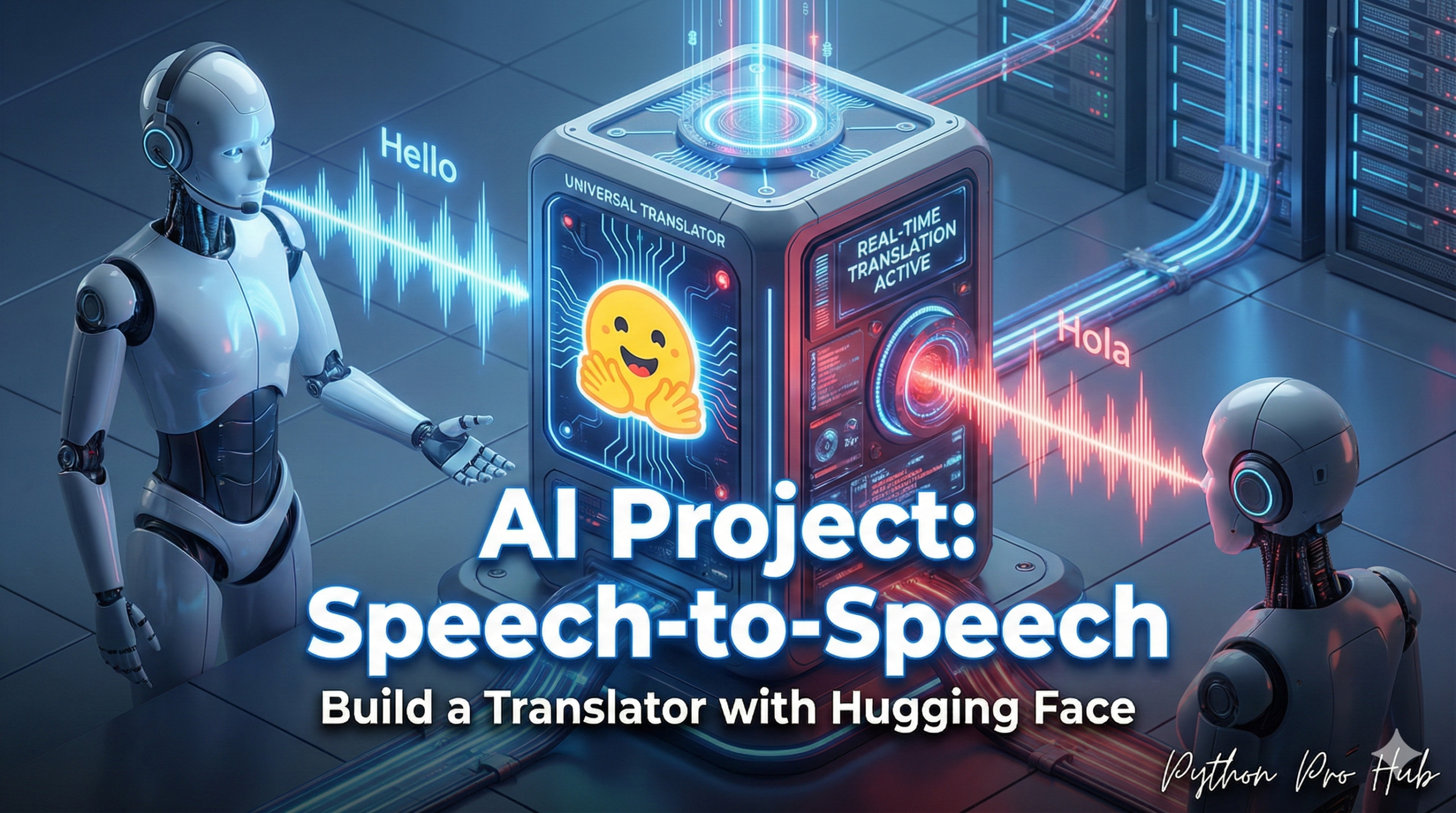 3D isometric illustration of a machine converting blue sound waves into red sound waves, representing an AI speech-to-speech translator it's Hugging Face Speech Translation.