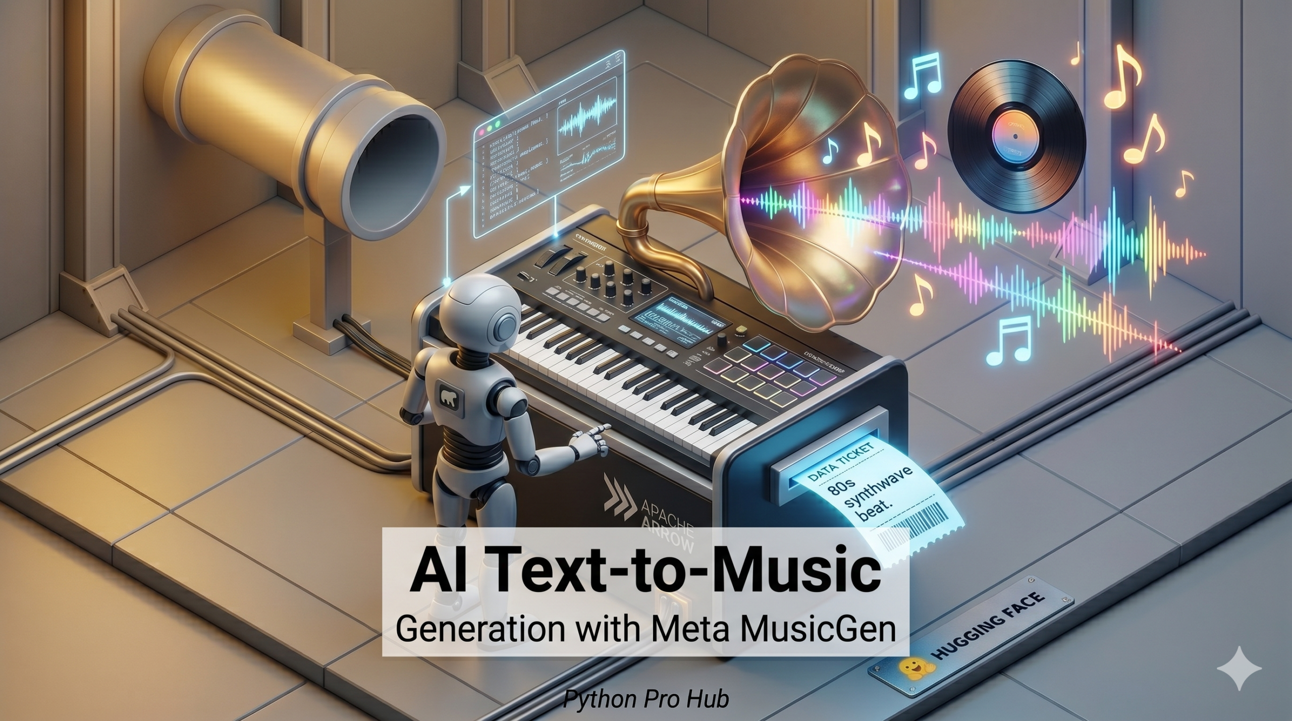 3D isometric illustration of a robot feeding a text prompt into a futuristic gramophone that produces glowing musical notes, representing AI text-to-music.