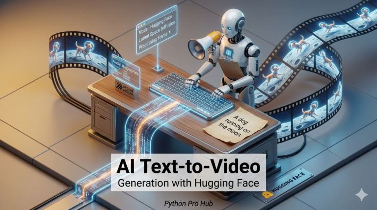 3D isometric illustration of a robot typing text that transforms into a holographic filmstrip of moving 3D objects, representing AI text-to-video generation.