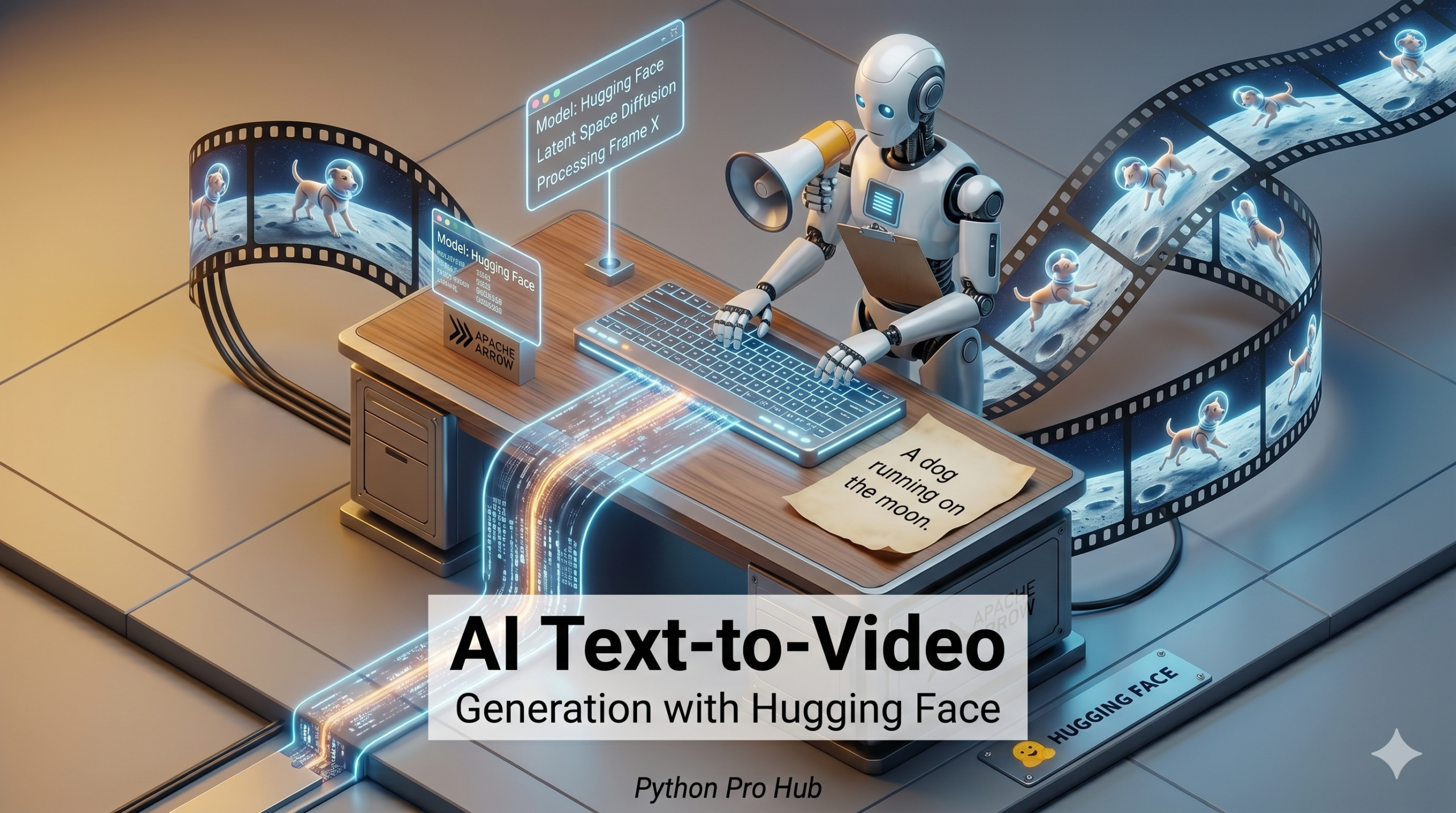 3D isometric illustration of a robot typing text that transforms into a holographic filmstrip of moving 3D objects, representing AI text-to-video generation.