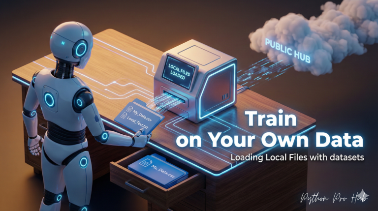 3D isometric illustration of a robot loading a local file folder into an AI training machine, representing custom dataset loading.