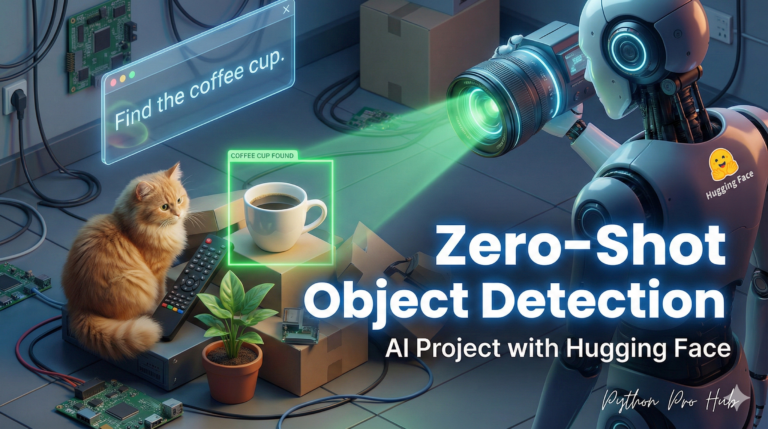 3D isometric illustration of a robot using a text command to identify and box a specific object in a pile, representing Zero-Shot Object Detection.