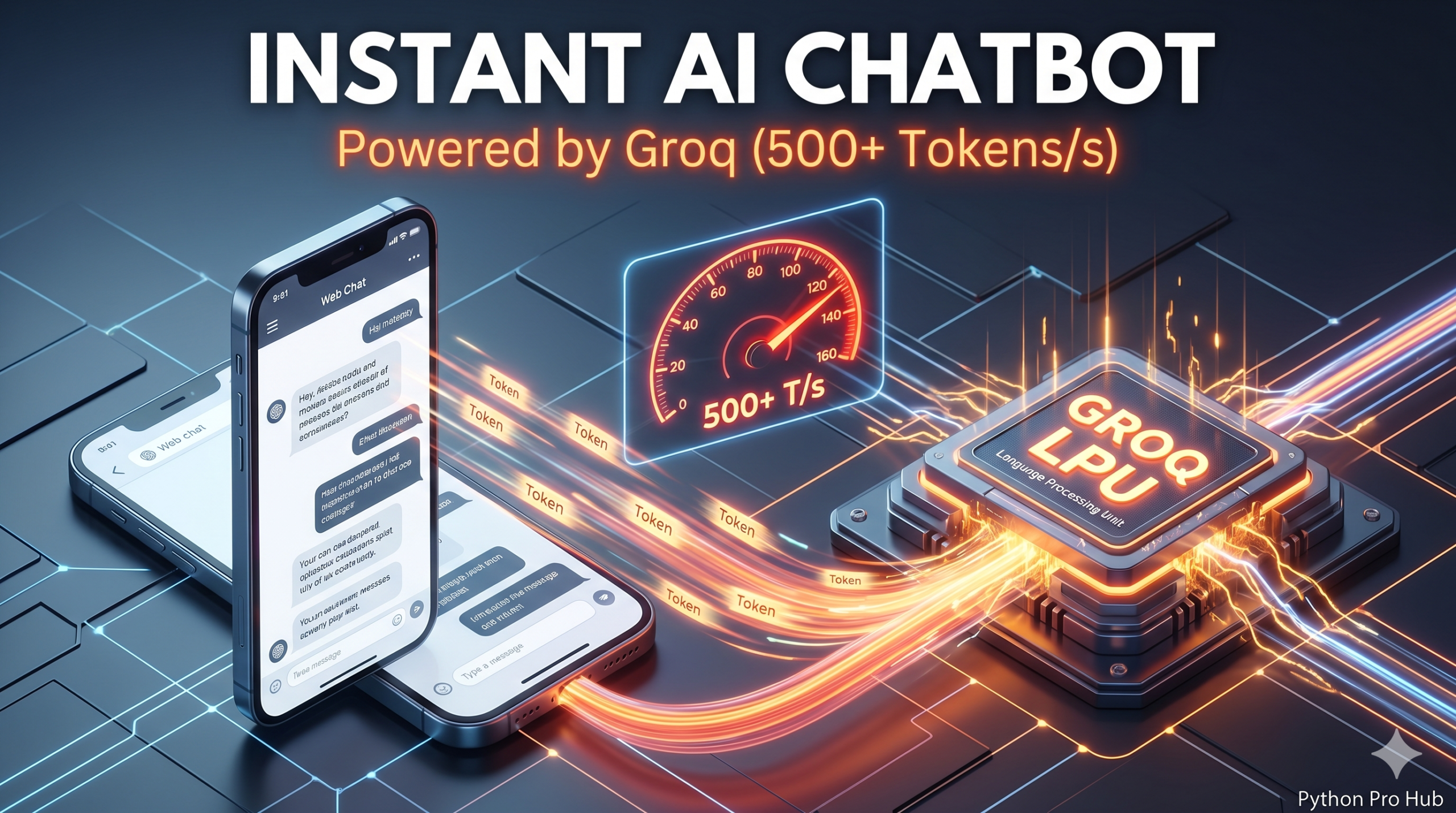 3D isometric illustration of a lightning-fast Groq LPU chip streaming data packets into a chat interface at 500+ tokens per second, symbolizing an instant AI chatbot Groq API Python.