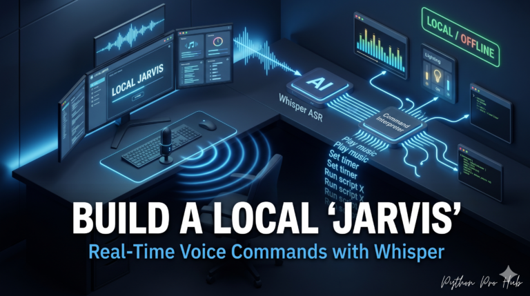 3D isometric illustration of a user speaking towards a microphone, with glowing audio waves being transcribed in real-time by a local Whisper AI module into commands that control a desktop environment, symbolizing a local Jarvis byPython Voice Assistant.